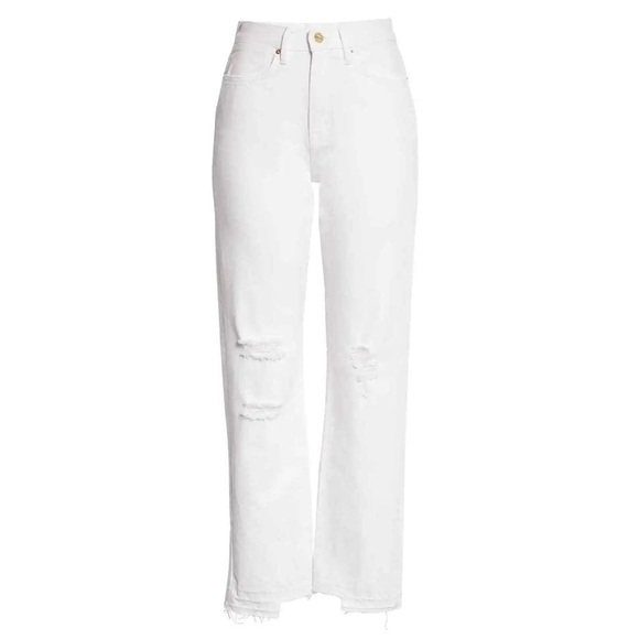 FRAME Le Hollywood High Waist Ripped Crop Straight Leg Jeans In Blanc Rips - Picture 2 of 11